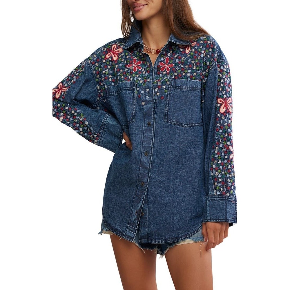 Free‎ People We The Free Wildflower Embroidered Denim Shirt Jacket Indigo Blue